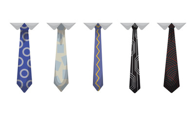 Collection of ties. Men fashioned accessories. Clothes design element over isolated on white background. Fabric items for male wardrobe in elegant style
