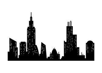 Fototapeta premium Cityscape silhouette. Monochrome panoramic view. Modern urban landscape. Horizontal urban night town. City building silhouette