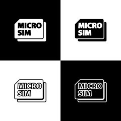 Set Micro Sim Card icon isolated on black and white background. Mobile and wireless communication technologies. Network chip electronic connection. Vector