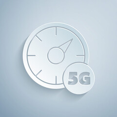 Paper cut Digital speed meter concept with 5G icon isolated on grey background. Global network high speed connection data rate technology. Paper art style. Vector