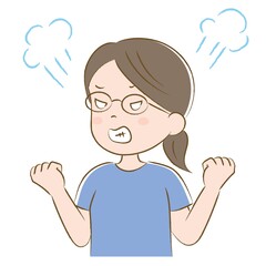 拳を握りしめて怒る眼鏡の女性（手描き風）