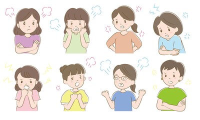 怒るリアクションの女性8人セット（手描き風）
