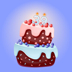 Thirty nine years birthday cake with candles number 39. Cute cartoon festive vector image. Chocolate biscuit with berries, cherries and blueberries. Happy Birthday illustration for parties