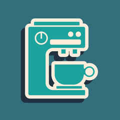 Green Coffee machine icon isolated on green background. Long shadow style. Vector