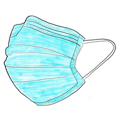 Hand drawn illustration of a light blue surgical mask. Surgical, medical face mask that protects airborne diseases, viruses. Coronavirus. Defence from air pollution