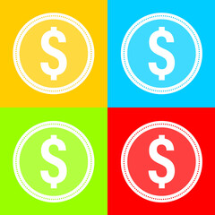 Coin icon. Set of multicolored coin icons. Vector, cartoon illustration. Vector.