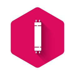 White Long luminescence fluorescent energy saving lamp icon isolated with long shadow. Pink hexagon button. Vector
