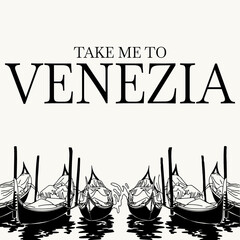 Take me to Venezia. Vector hand drawn surrealistic illustration of girl with the gondolas in Venice. Template for card, poster, banner, print for t-shirt, pin, badge, patch.