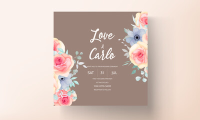 Wedding invitation card set with spring flowers and leaves