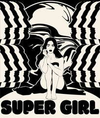 Super girl. Vector hand drawn   illustration of girl with silhouettes of male profiles. Creative realistic artwork.  Template for card, poster, banner, print for t-shirt, pin, badge, patch.