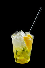 Summer Drink Fresh Lemonade in the plastic cup, black background, isolate