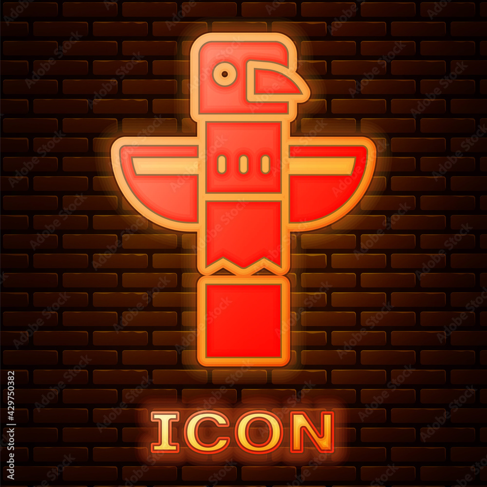 Sticker Glowing neon Canadian totem pole icon isolated on brick wall background. Vector