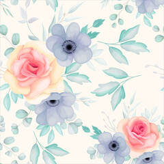 Fototapeta premium Seamless pattern with spring flowers and leaves