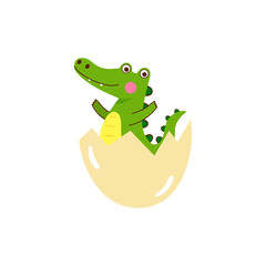 Happy little crocodile hatching from the egg. Cute wild green alligator waving and smiling. Cartoon vector design for icon, logo, kids textile