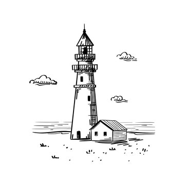 Hand drawn vector sketch of old lighthouse on the sea shore. Cloudy day, waves to the horizon
