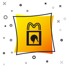 Black Paper shopping bag icon isolated on white background. Package sign. Yellow square button. Vector