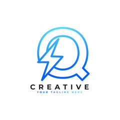 Initial Letter Q Logo With Lighting Thunder Bolt in Linear Style. Alphabet Suitable for Fast, Power, Flash, Electric, Identity, Moving and Speed.