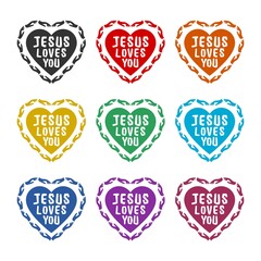 Jesus loves you heart isolated on white background color set