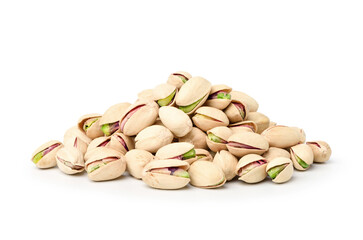 Pile of pistachio nuts isolated on a white background.