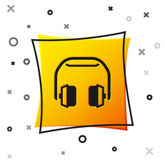 Black Headphones icon isolated on white background. Earphones. Concept for listening to music, service, communication and operator. Yellow square button. Vector