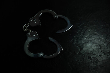 Police metal real handcuffs on the black background. Crime and robbery, prison concept.
