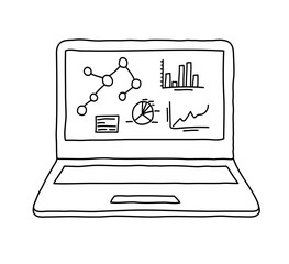 Laptop computer displaying statistics and analytics data in hand drawn doodle sketch style. Unfilled outline only with no background.