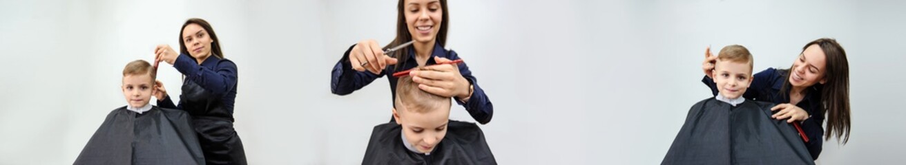 Boy/child kid, sitting in the hairdressing salon