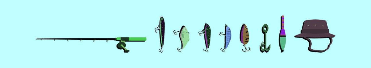 set of fishing cartoon icon design template with various models. vector illustration isolated on blue background