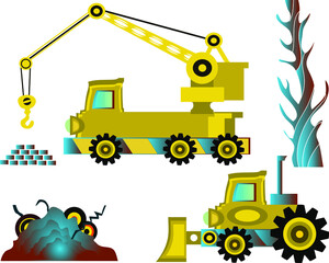 Yellow retro truck crane and tractor. Use it for illustrations and icons. 