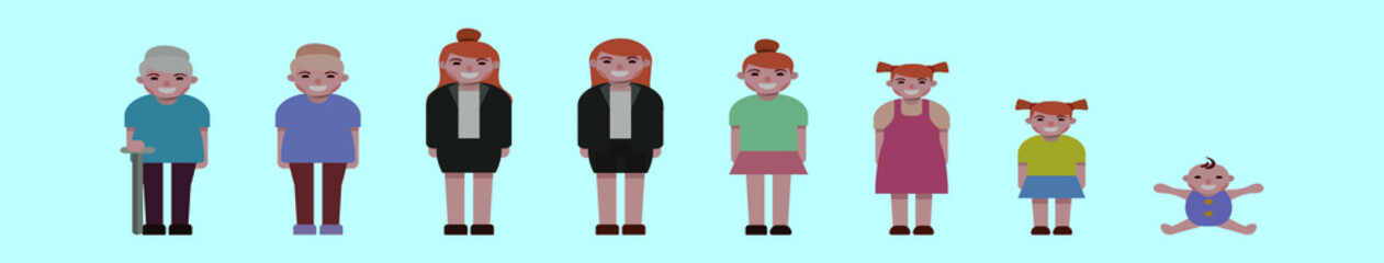 set of women grow up cartoon icon design template with various models. vector illustration isolated on blue background