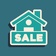 Green Hanging sign with text Sale icon isolated on green background. Signboard with text Sale. Long shadow style. Vector