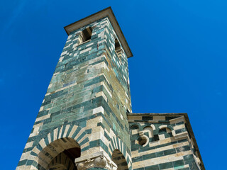 View of the bell tower of the famous church of San Michele de Murato, a small chapel made of...