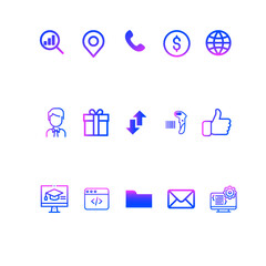 gradient icon, phone, magnifier, network, web, arrows, money, dollar, gift, packaging, box, label, tag, meta tag, location, star, favorites, envelope, email