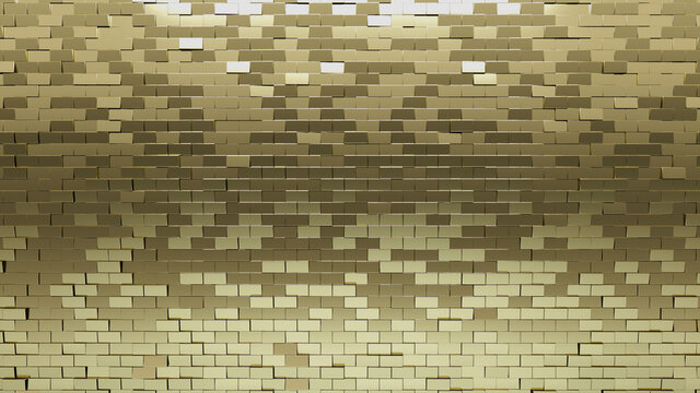 Gold Tiles arranged to create a Rectangle wall. 3D, Glossy Background formed from Luxurious blocks. 3D Render
