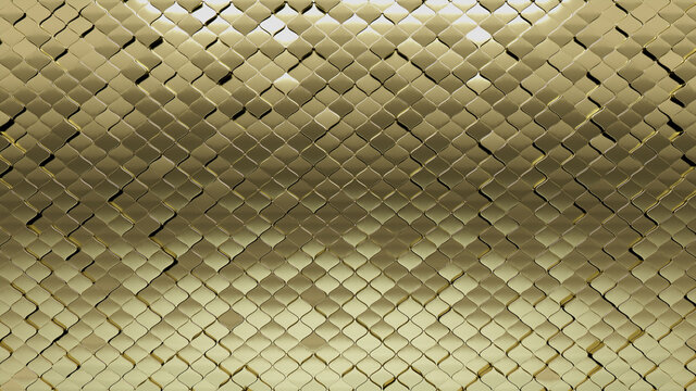 Gold Tiles arranged to create a Glossy wall. Arabesque, 3D Background formed from Luxurious blocks. 3D Render