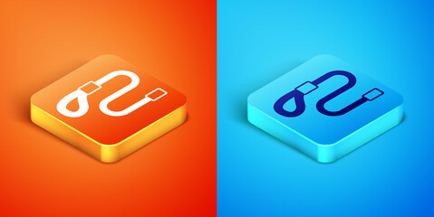 Isometric Retractable cord leash with carabiner icon isolated on orange and blue background. Pet dog lead. Animal accessory for outdoors walk. Vector