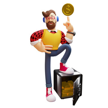 3D Male Cartoon Character Spinning A Gold Coin