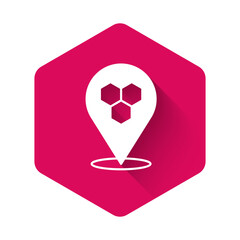White Honeycomb bee location map pin pointer icon isolated with long shadow background. Farm animal map pointer. Pink hexagon button. Vector