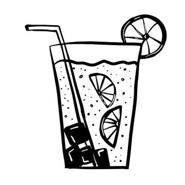 Black and white vector image of a cocktail with a doodle straw. Summer vacation concept.