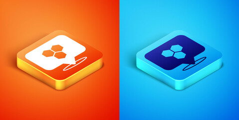 Isometric Honeycomb bee location map pin pointer icon isolated on orange and blue background. Farm animal map pointer. Vector
