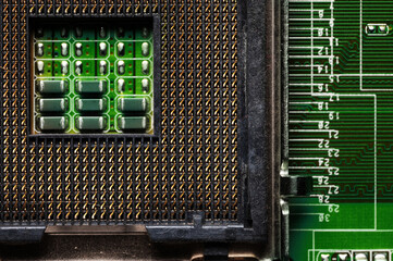 close-up of a printed circuit board with microchips and radio parts with a processor. Background...