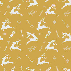 Christmas seamless pattern with forest cute deer animals, fir, pine twigs and snowflakes. Beautiful pattern for gift wrapping papers, greeting cards, decoration.