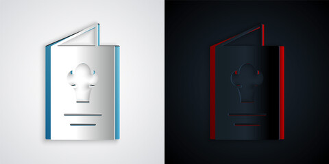 Paper cut Cookbook icon isolated on grey and black background. Cooking book icon. Recipe book. Fork and knife icons. Cutlery symbol. Paper art style. Vector