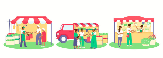 A set of various trade tents, a stall by car, a folding tent, a stationary flower stall. Tents with vegetables and flowers. Family walks through the fair. Flat vector illustration. 
