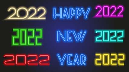 Set of neon multicolored 2022 happy new year icons