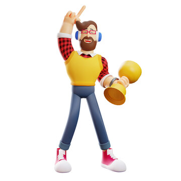 Smiling 3D Male Cartoon Picture holding a yellow trophy