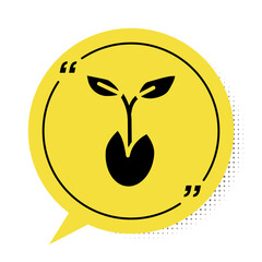 Black Sprout icon isolated on white background. Seed and seedling. Leaves sign. Leaf nature. Yellow speech bubble symbol. Vector