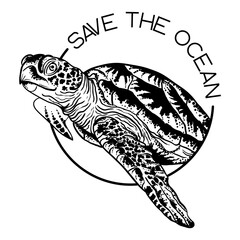 Save the ocean concept. Sea turtle, vector hand-drawn ink