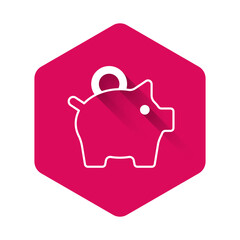 White Piggy bank icon isolated with long shadow background. Icon saving or accumulation of money, investment. Pink hexagon button. Vector