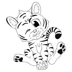 Tiger cute doodle hand drawn flat vector illustration.